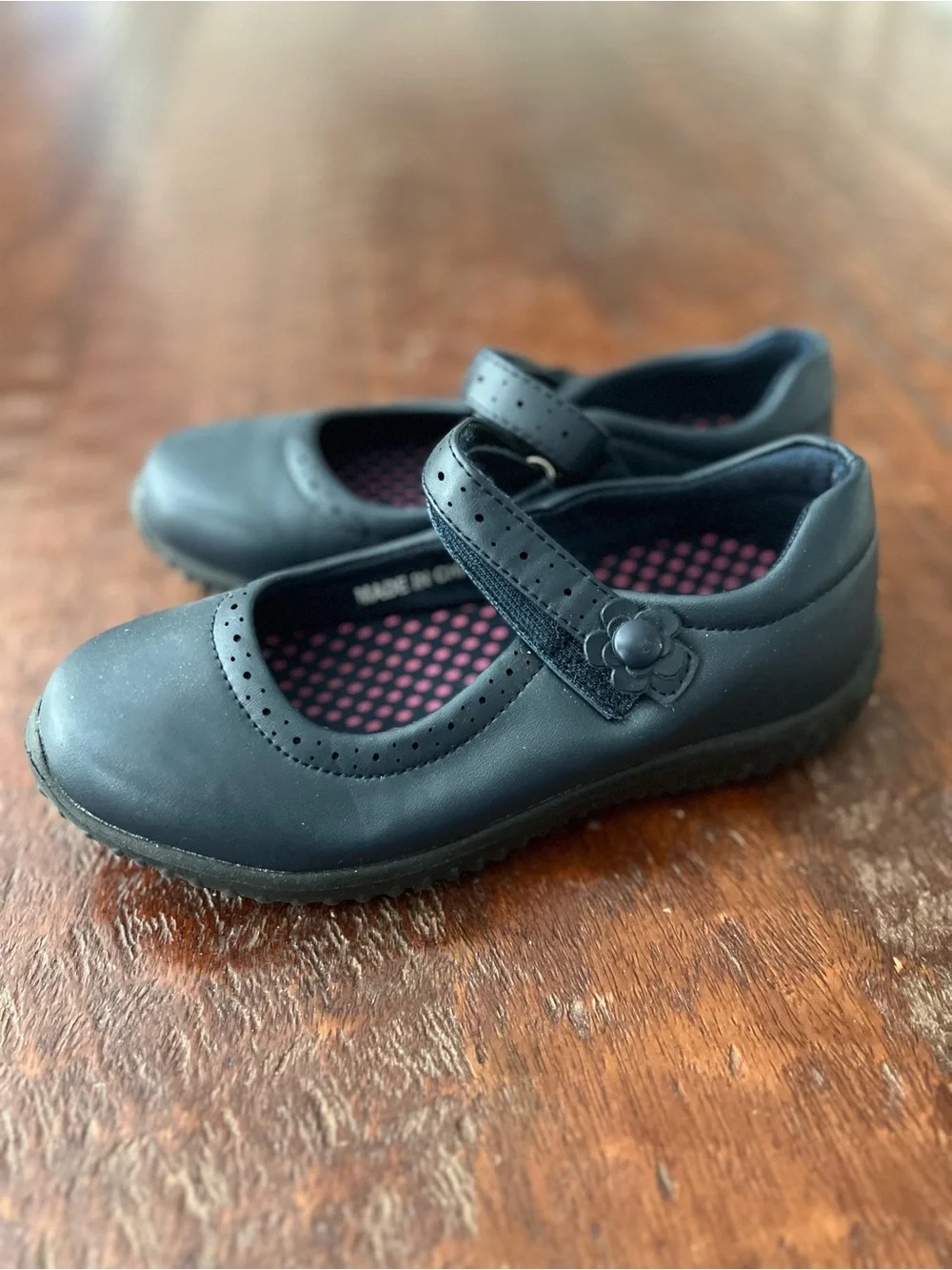 Kids Mary Jane School Shoes - Navy with Pink Polka Dot Insole Size 1
